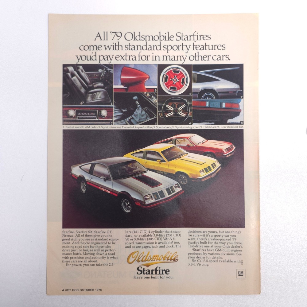Oldsmobile Starfire Vintage Print Ad 1979 Firenza GT Hatchback Sport Coupe Art